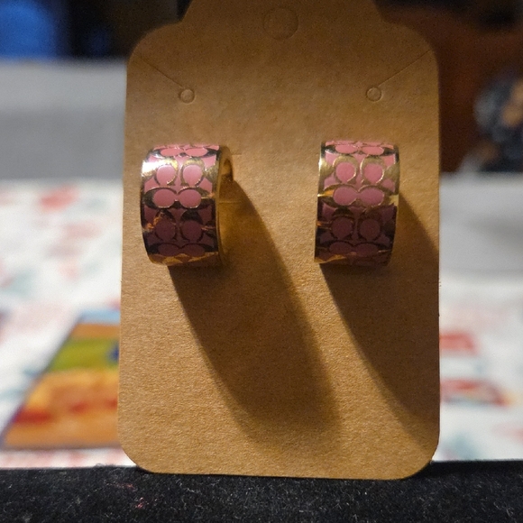 Coach Pink & Goldtone Huggie Hoop Earrings - Picture 1 of 7